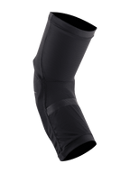 Joelheiras Alpinestars Paragon Plus, pretas, design slip-on leve, construção em malha elástica respirável com almofadas de impacto perfuradas, ajuste ergonómico pré-moldado para BTT
