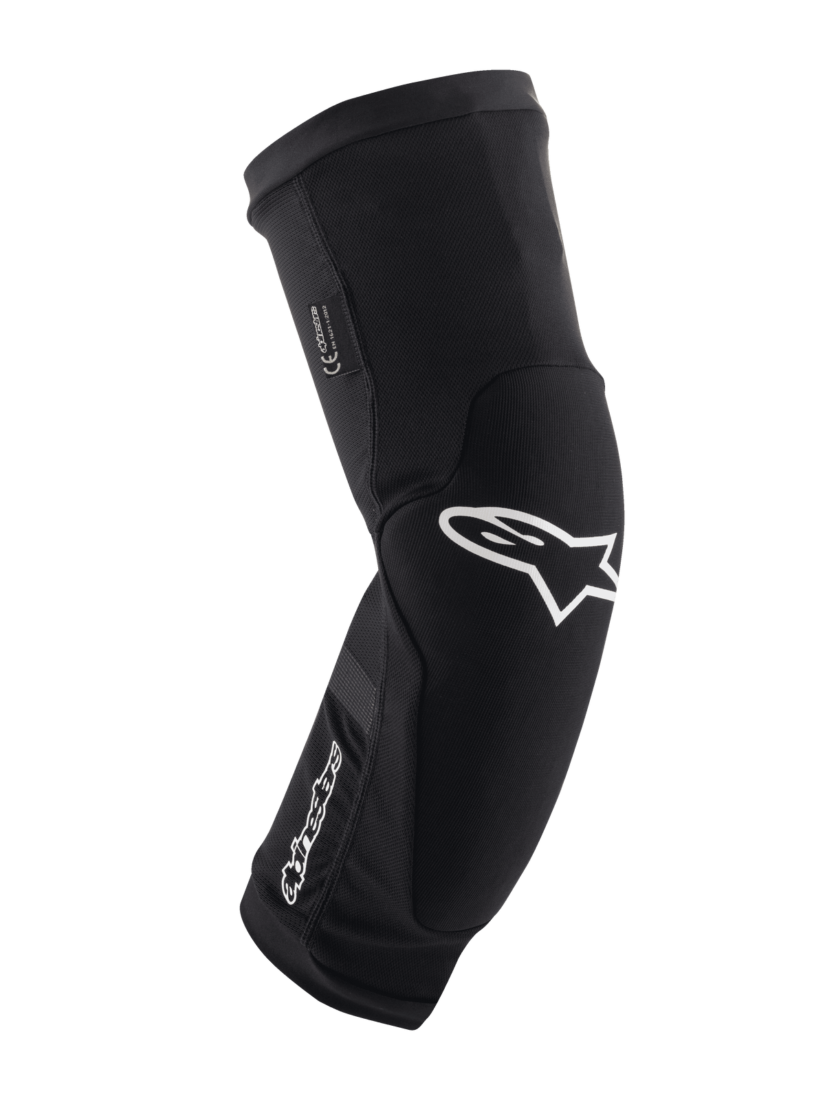 Joelheiras Alpinestars Paragon Plus, pretas e brancas, proteção para BTT, manga em malha respirável tipo slip-on, design ergonómico curvo com logótipo de estrela branco, construção almofadada para condução fora de estrada