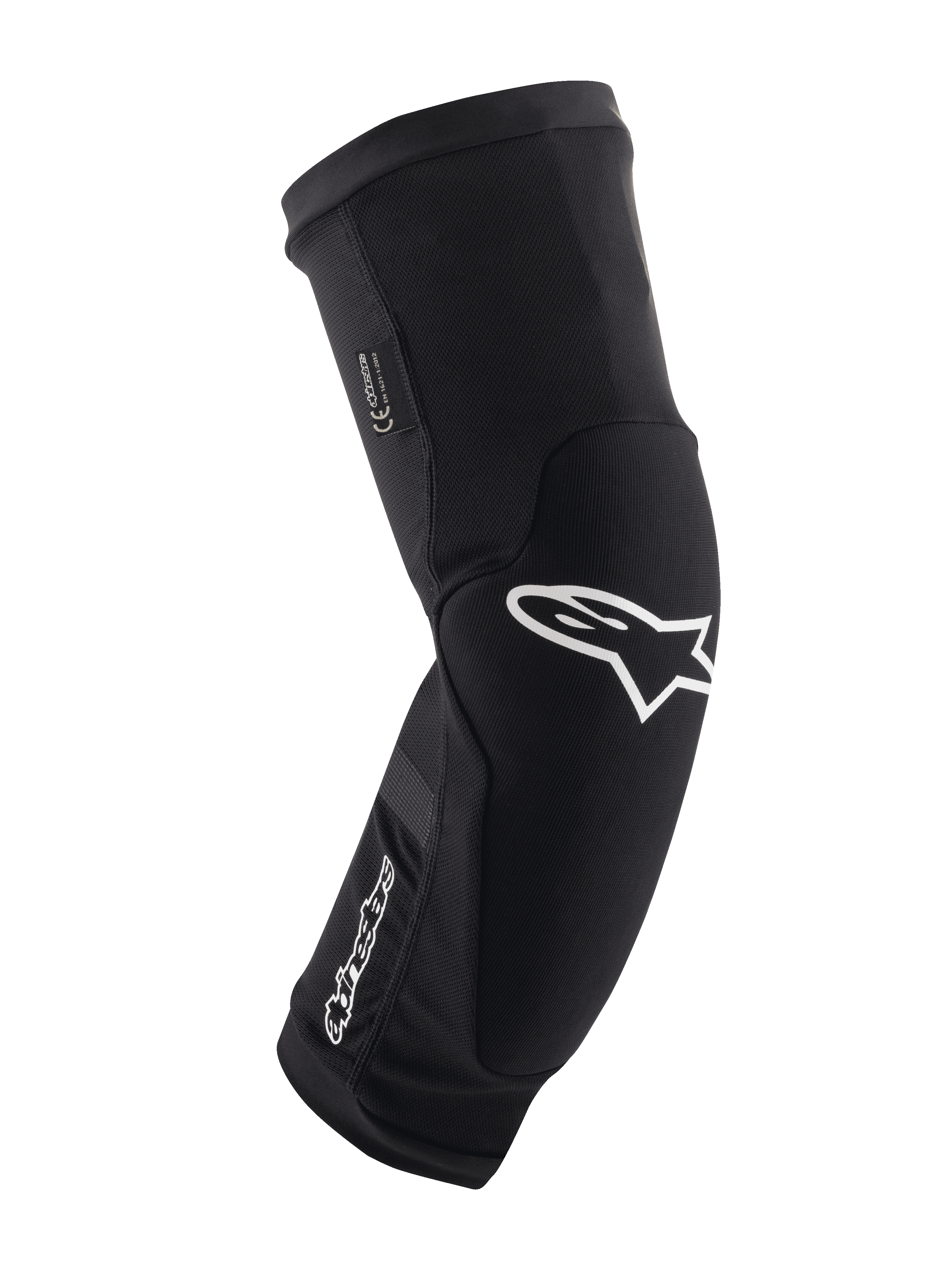 Joelheiras Alpinestars Paragon Plus, pretas e brancas, proteção para BTT, manga em malha respirável tipo slip-on, design ergonómico curvo com logótipo de estrela branco, construção almofadada para condução fora de estrada