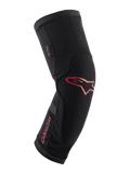 Alpinestars Paragon Plus Knee Protector, Black with Red Alpinestars logo and wordmark, ergonomic slip-on sleeve design, breathable mesh fabric with reinforced panels, mountain biking protective gear