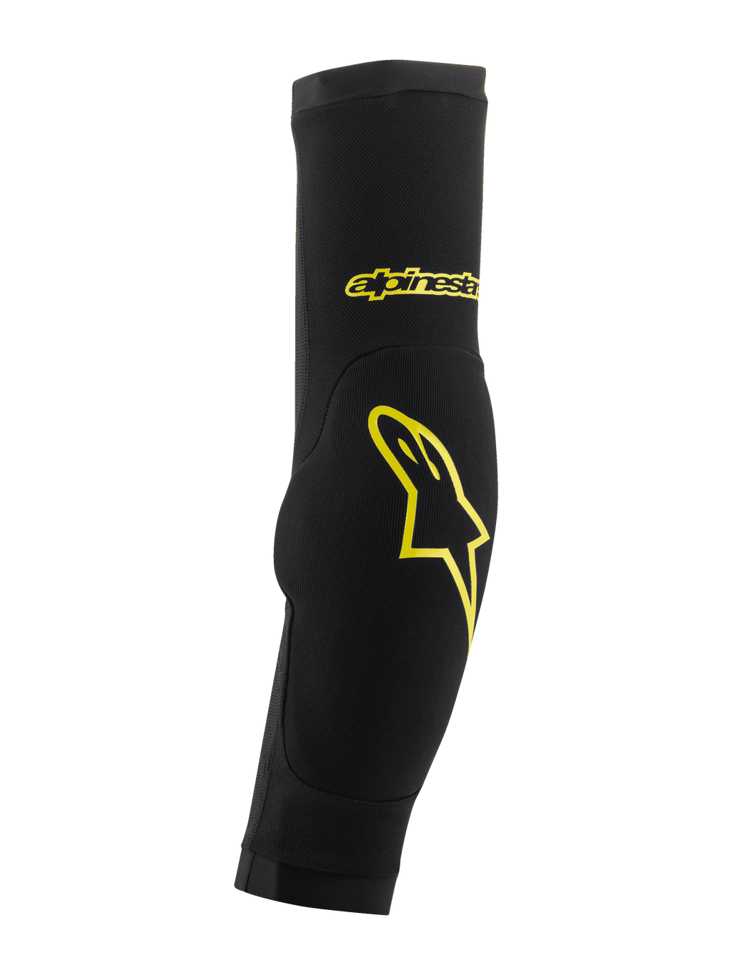Alpinestars Paragon Plus Elbow Protectors, pretas e amarelo ácido, design de manga tubular com acolchoamento integrado, com logótipo de estrela e marca escrita em amarelo, malha respirável para proteção de BTT