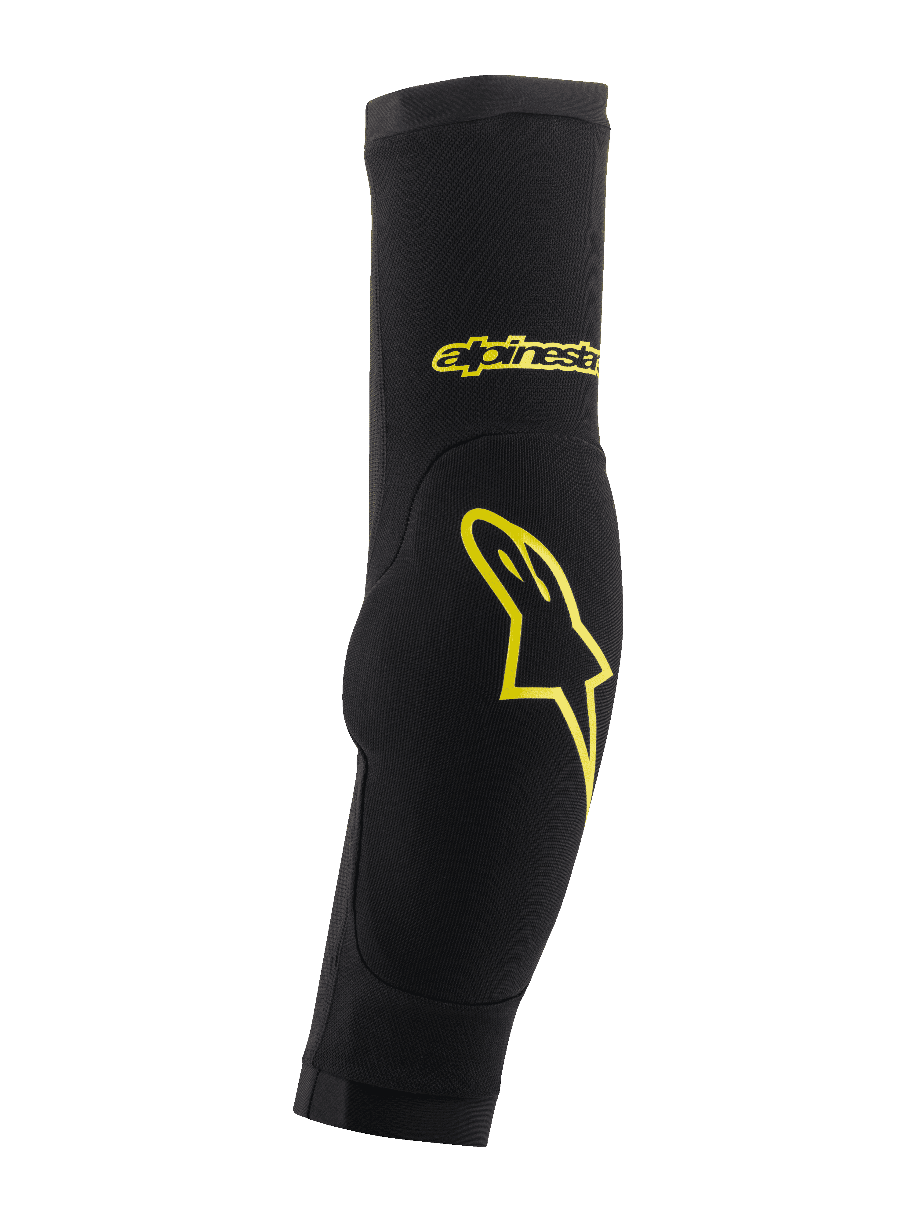 Alpinestars Paragon Plus Elbow Protectors, pretas e amarelo ácido, design de manga tubular com acolchoamento integrado, com logótipo de estrela e marca escrita em amarelo, malha respirável para proteção de BTT