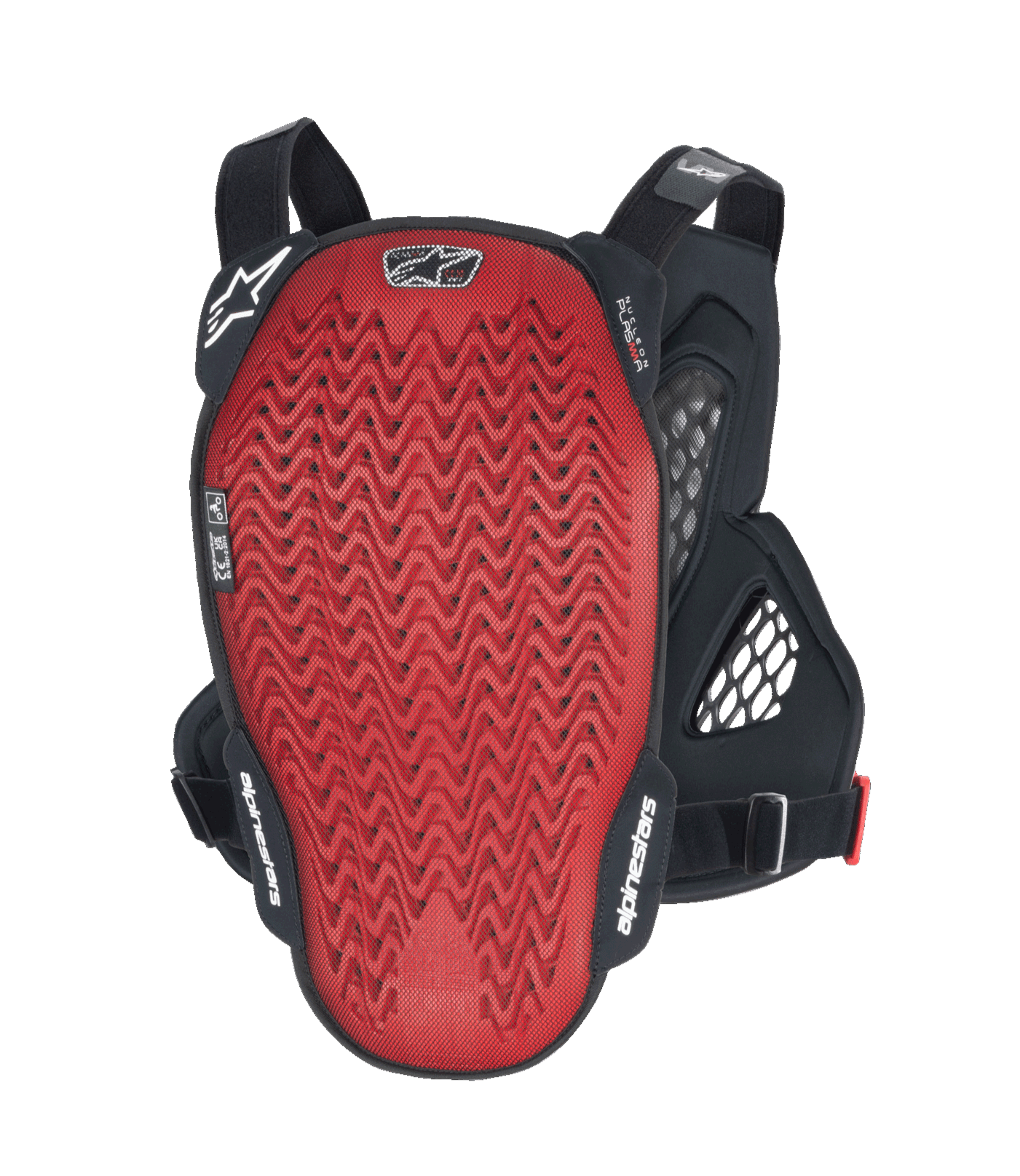 Protetor de Peito Alpinestars A-6 Plasma, vista traseira, placa traseira Nucleon PLASMA vermelha texturizada com abas laterais pretas e alças ajustáveis, equipamento de proteção para MTB em Preto Antracite Vermelho