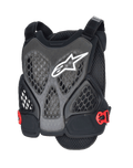 Protetor de Peito Alpinestars A-6 Plasma, protetor de peito de BTT, preto antracite e vermelho, com logótipo de estrela branco, painéis de malha em favo de mel perfurados para ventilação, fivelas laterais vermelhas e alças ajustáveis, concebido para proteção de BTT de gravidade e todo-o-terreno