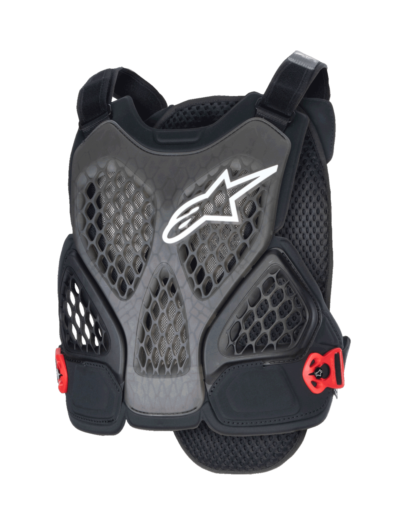 Protetor de Peito Alpinestars A-6 Plasma, protetor de peito de BTT, preto antracite e vermelho, com logótipo de estrela branco, painéis de malha em favo de mel perfurados para ventilação, fivelas laterais vermelhas e alças ajustáveis, concebido para proteção de BTT de gravidade e todo-o-terreno