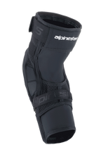 Joelheiras Alpinestars A-Impact Plasma Elite Shield, equipamento de proteção para BTT, pretas com logótipo branco, com design ergonómico pré-curvado, fecho de tira dupla e painéis em malha respirável para ciclismo de montanha