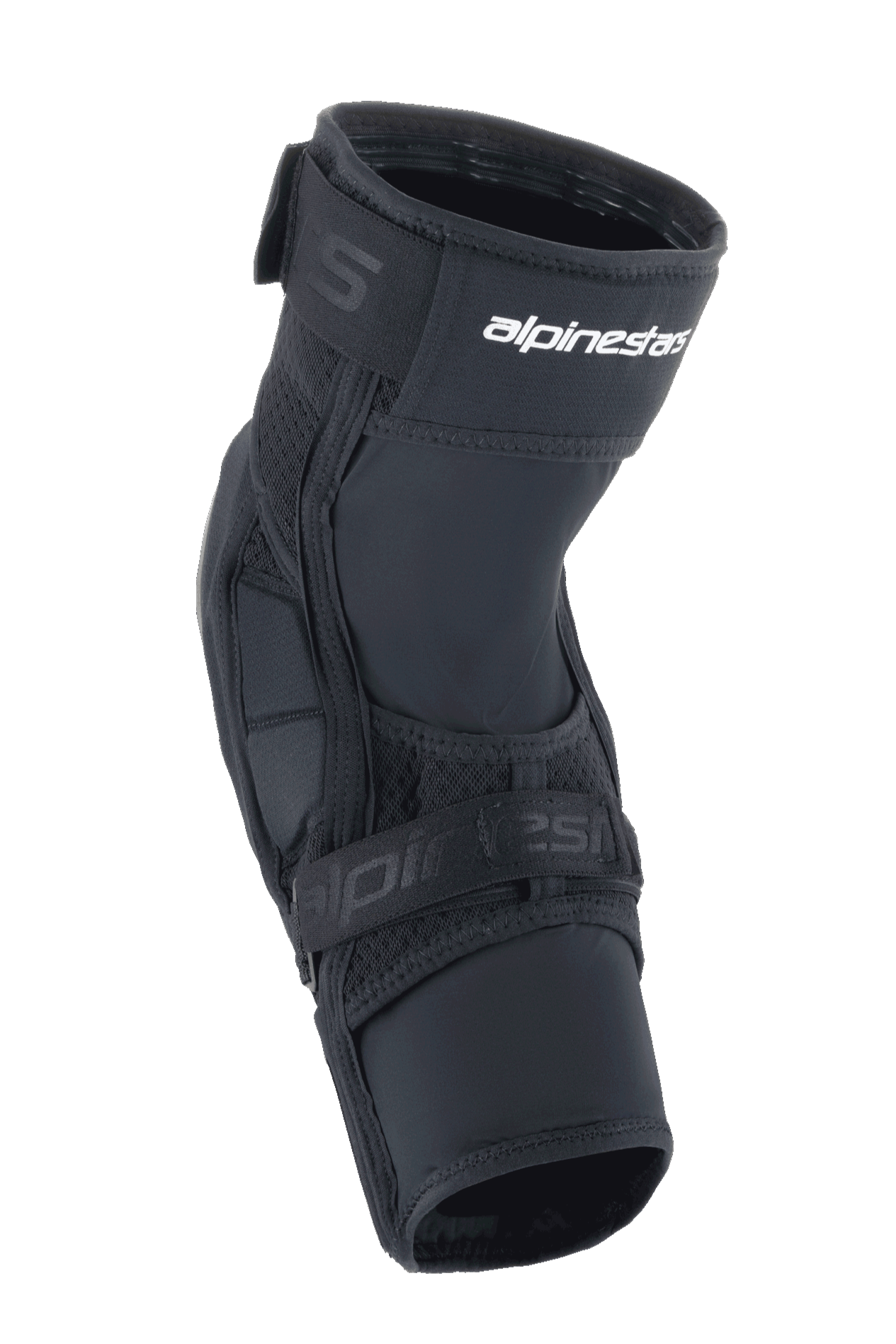 Joelheiras Alpinestars A-Impact Plasma Elite Shield, equipamento de proteção para BTT, pretas com logótipo branco, com design ergonómico pré-curvado, fecho de tira dupla e painéis em malha respirável para ciclismo de montanha