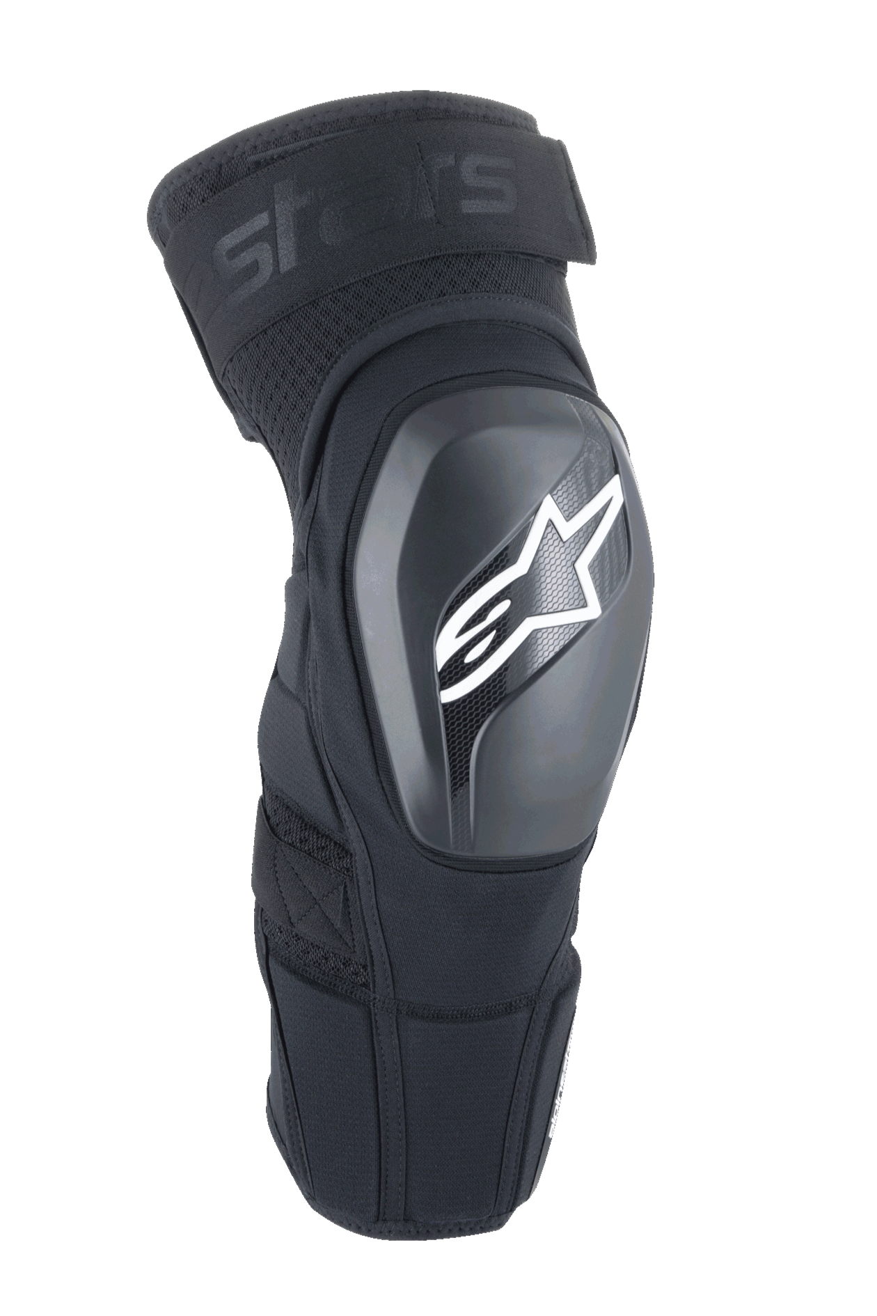 Alpinestars A-Impact Plasma Elite Shield, joelheiras de proteção, pretas com logótipo de estrela branco, concha exterior rígida em TPU, tecido de malha com correia superior ajustável, design ergonómico pré-curvado, proteção para MTB e todo-o-terreno