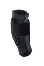 Alpinestars A-Impact Plasma Pro Elbow Protector, preto, vista traseira destacando o sistema de fecho com duas tiras e painéis de malha respirável, design ergonómico para proteção de mountain bike