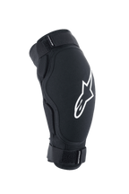 Alpinestars A-Impact Plasma Pro, protetor de cotovelo para BTT, preto com logótipo branco, com duas tiras de velcro ajustáveis e design ergonómico pré-curvado
