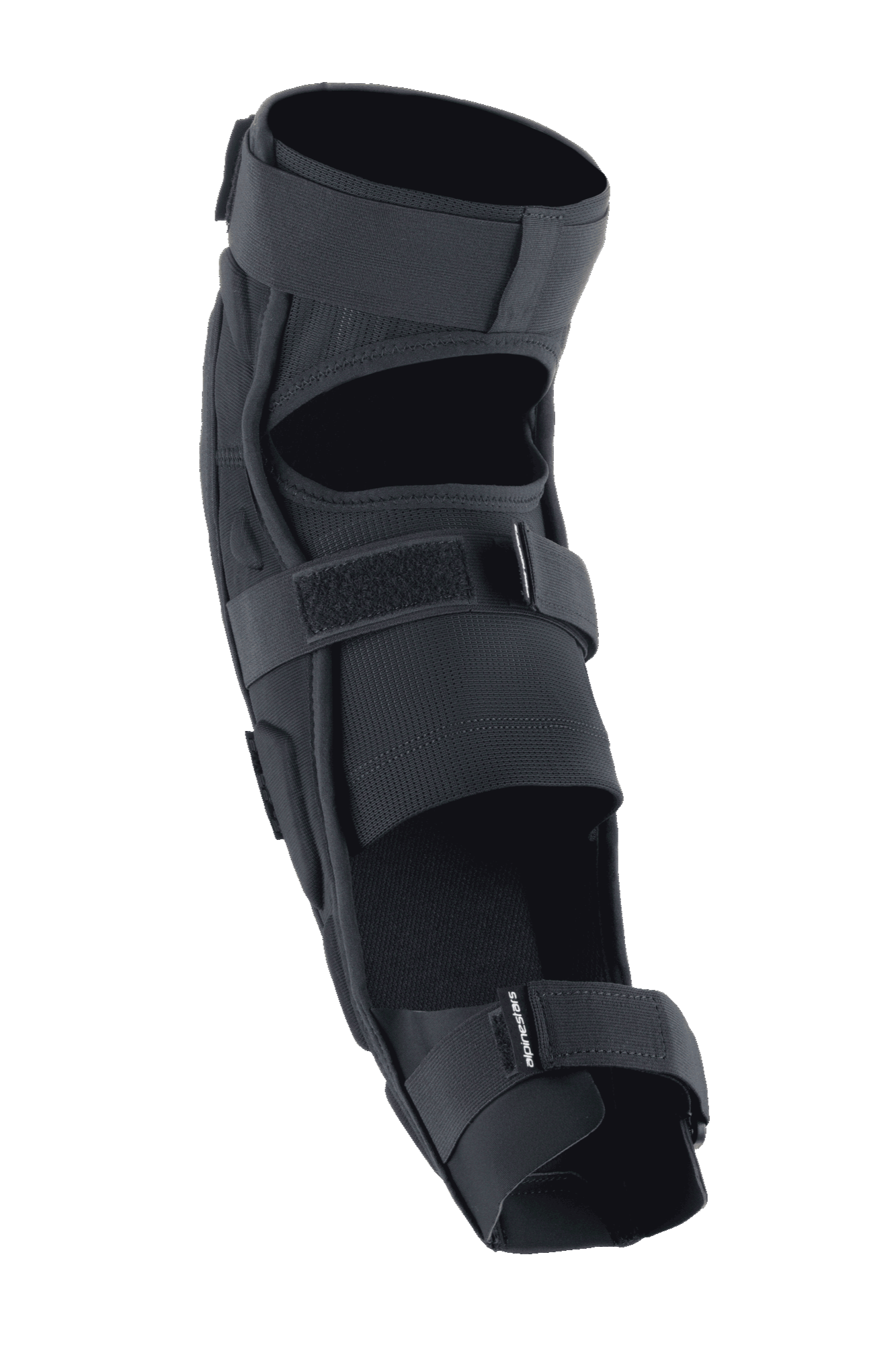 Protetor de Joelho e Canela Alpinestars A-Impact Plasma Pro, preto, vista traseira com sistema de fecho de três tiras, painéis de malha respirável e design ergonómico pré-curvado para proteção em ciclismo off-road