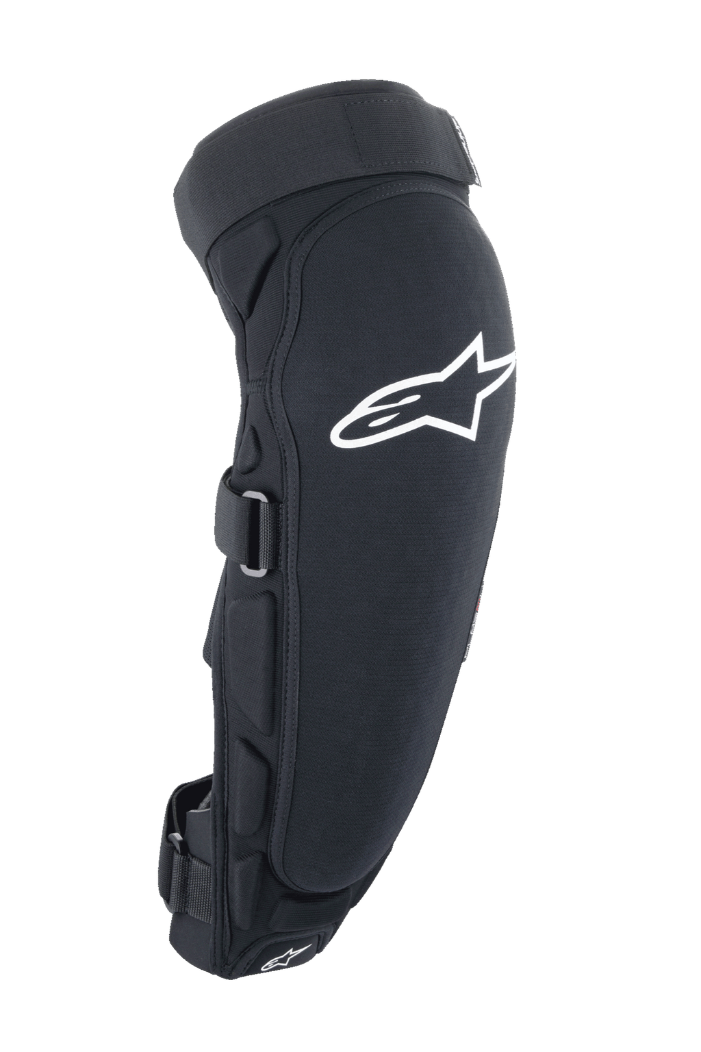 Protetor de Joelho e Canela Alpinestars A-Impact Plasma Pro, preto e branco, vista lateral com grande logótipo Astar branco, acolchoamento lateral, sistema de fecho com tiras seguras, proteção para ciclismo todo-o-terreno