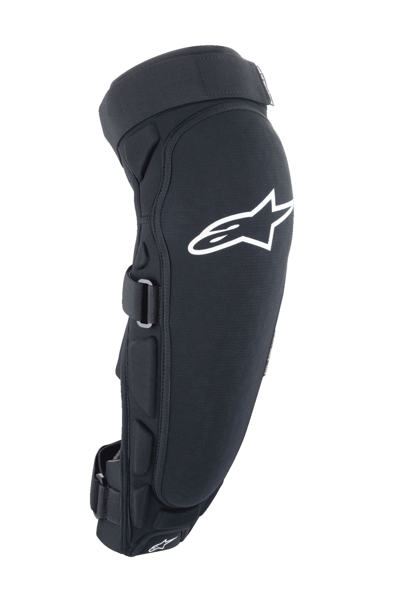Protetor de Joelho e Canela Alpinestars A-Impact Plasma Pro, preto e branco, vista lateral com grande logótipo Astar branco, acolchoamento lateral, sistema de fecho com tiras seguras, proteção para ciclismo todo-o-terreno