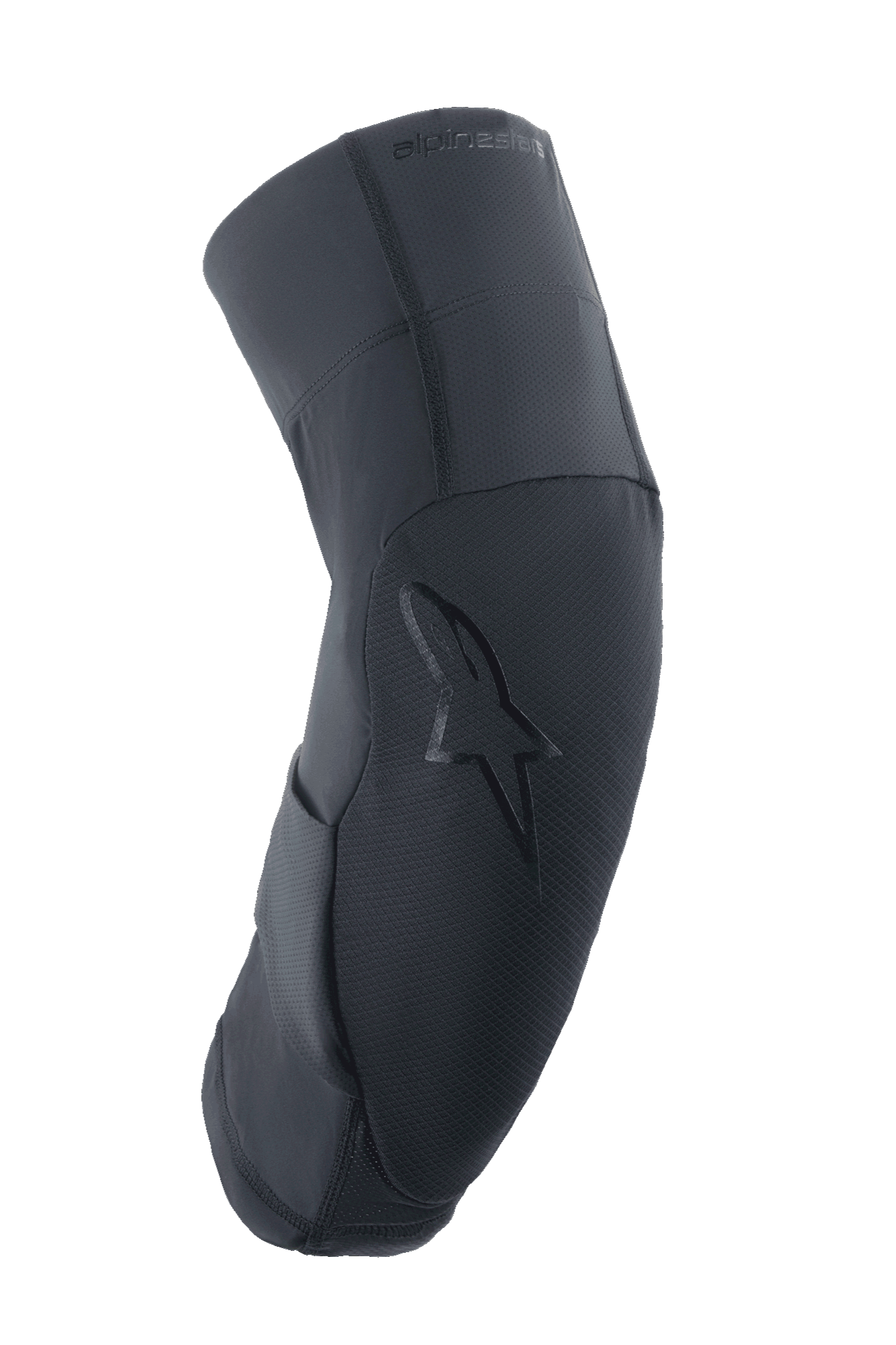Protetor de joelho Alpinestars A-Motion Plasma Pro, preto, perfil lateral com design ergonómico curvo, painel frontal texturizado com logótipo de estrela tonal, tecidos de malha elástica respirável e ripstop, proteção leve para MTB e trilhos