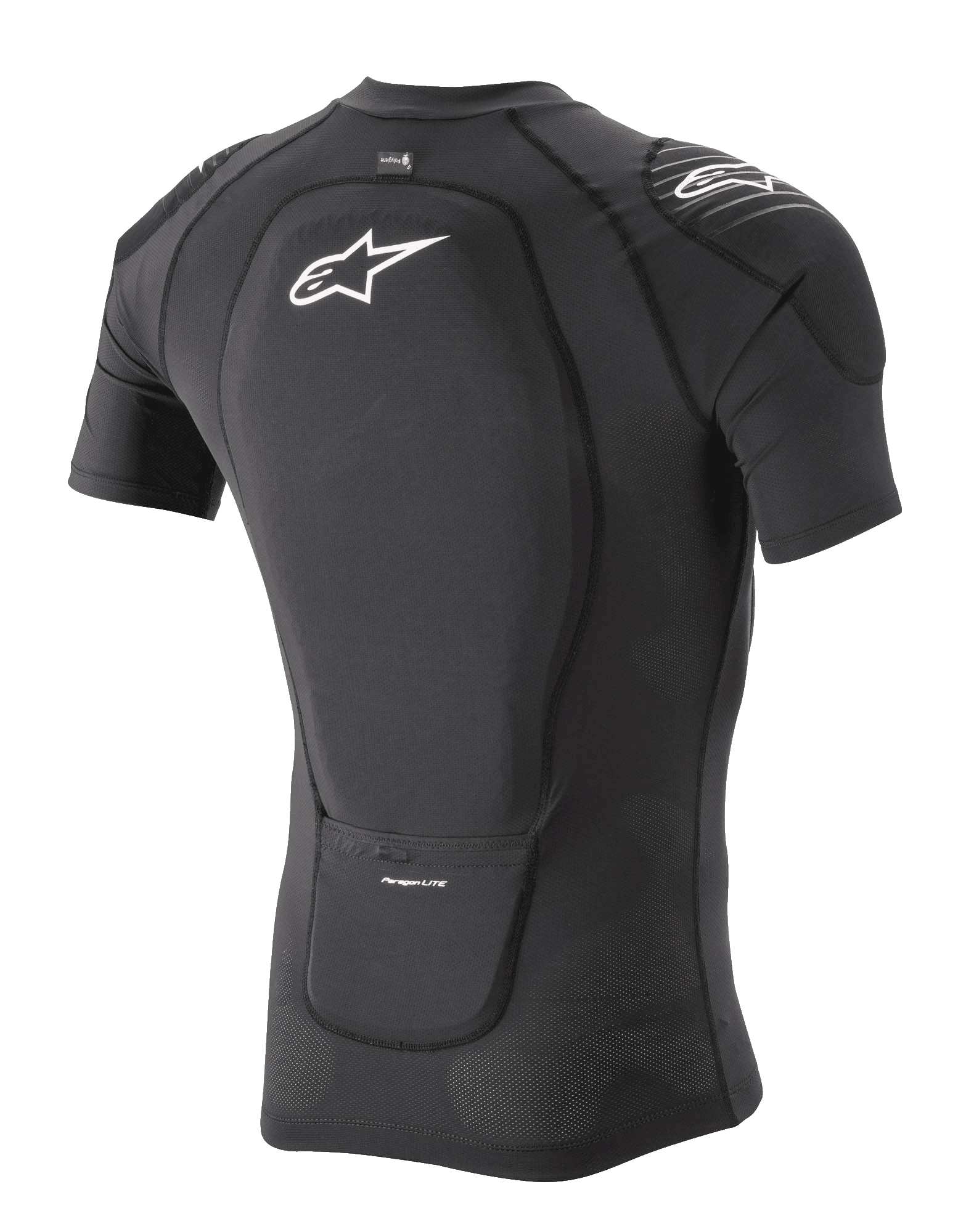 Jaqueta de Proteção Alpinestars Paragon Lite - Manga Curta, preta, vista traseira de três quartos mostrando o protetor de costas integrado e a construção em malha elástica respirável, com o logótipo Alpinestars em branco nas costas e no ombro, equipamento de proteção leve para BTT