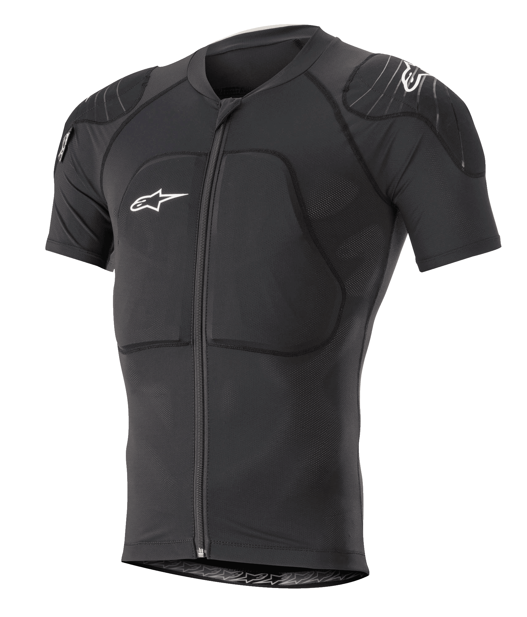 Alpinestars Paragon Lite Protection Jacket de Manga Curta, preto, proteção corporal para BTT com acolchoamento integrado nos ombros e peito, fecho de correr frontal, tecido de malha respirável, logótipos Alpinestars brancos, design ajustado para trail