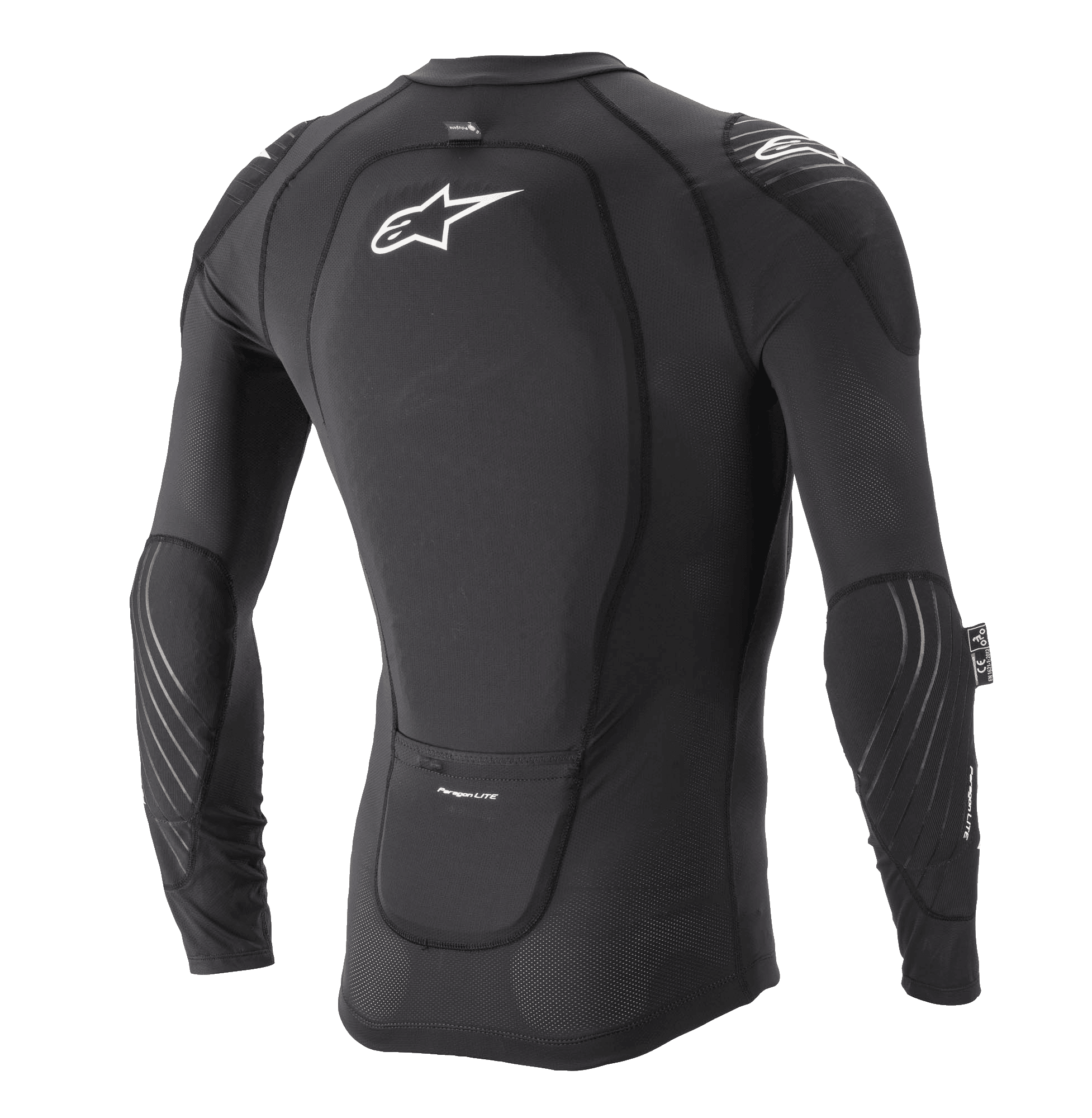 Alpinestars Paragon Lite Protection Jacket - Long Sleeve, preto, vista traseira com protetor de costas integrado e logótipo Astar branco, construção em malha respirável com proteção de cotovelos e ombros, proteção corporal leve para BTT