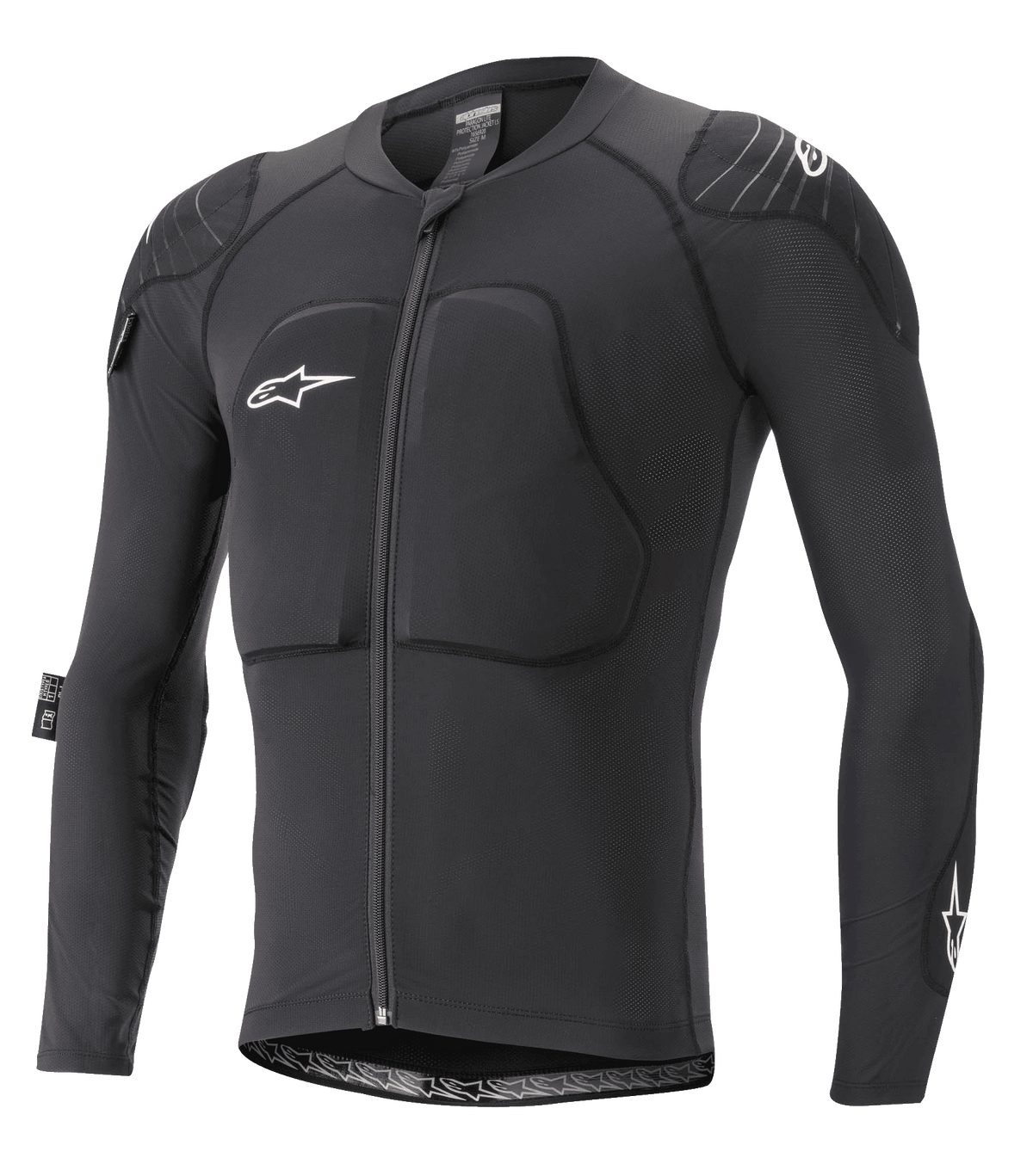 Alpinestars Paragon Lite Protection Jacket - Long Sleeve, casaco de proteção para BTT, preto, construção em malha respirável com peito e ombros acolchoados, fecho frontal, logótipo de estrela branca no peito, design leve e ajustado