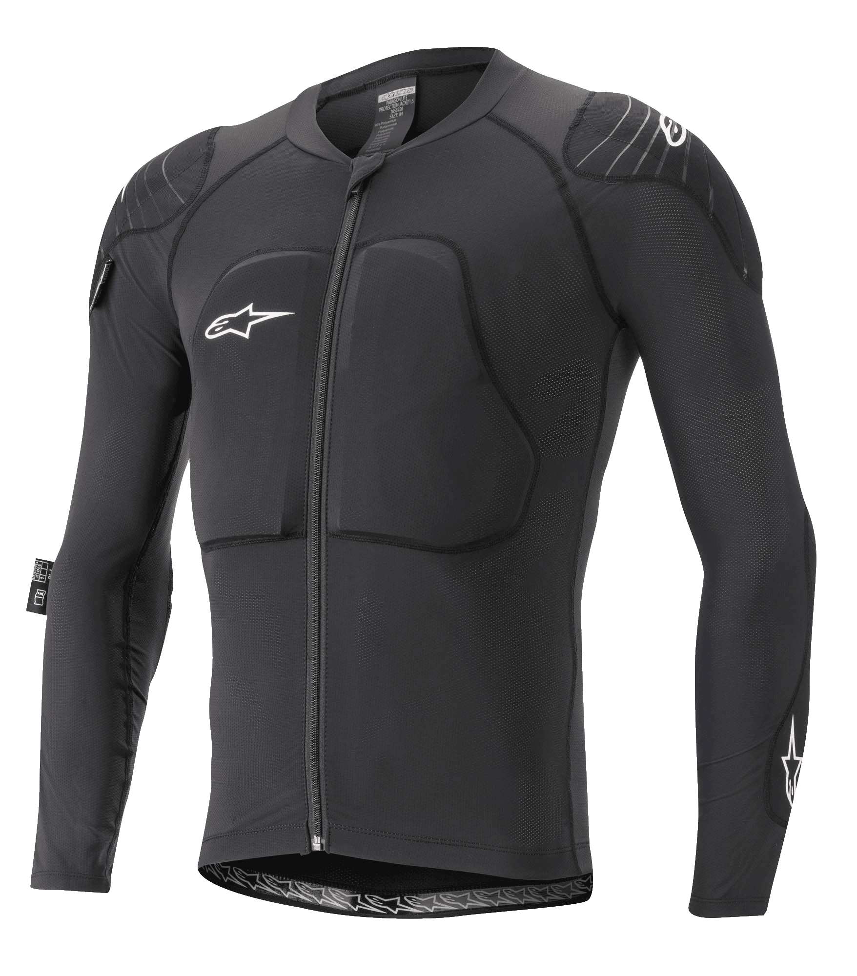 Alpinestars Paragon Lite Protection Jacket - Long Sleeve, casaco de proteção para BTT, preto, construção em malha respirável com peito e ombros acolchoados, fecho frontal, logótipo de estrela branca no peito, design leve e ajustado