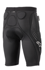 Alpinestars Paragon Lite Protection Shorts, calções de proteção pretos, vista traseira com acolchoamento em espuma de memória integrado para proteção da anca e do cóccix, design em malha respirável, logótipo Alpinestars branco e marca Paragon Lite na perna, equipamento de proteção leve para ciclismo