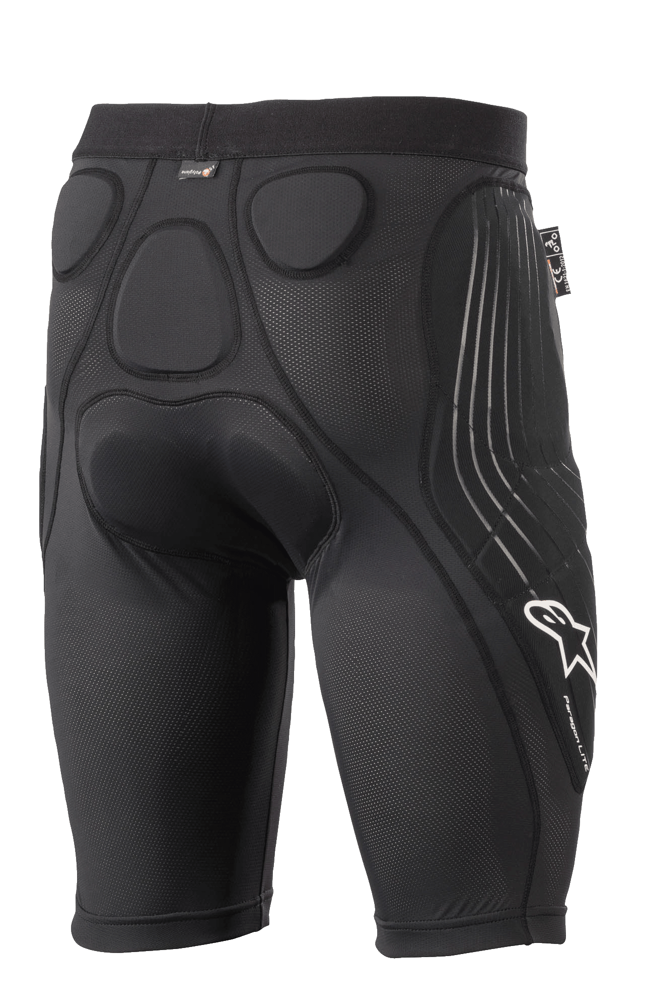 Alpinestars Paragon Lite Protection Shorts, calções de proteção pretos, vista traseira com acolchoamento em espuma de memória integrado para proteção da anca e do cóccix, design em malha respirável, logótipo Alpinestars branco e marca Paragon Lite na perna, equipamento de proteção leve para ciclismo