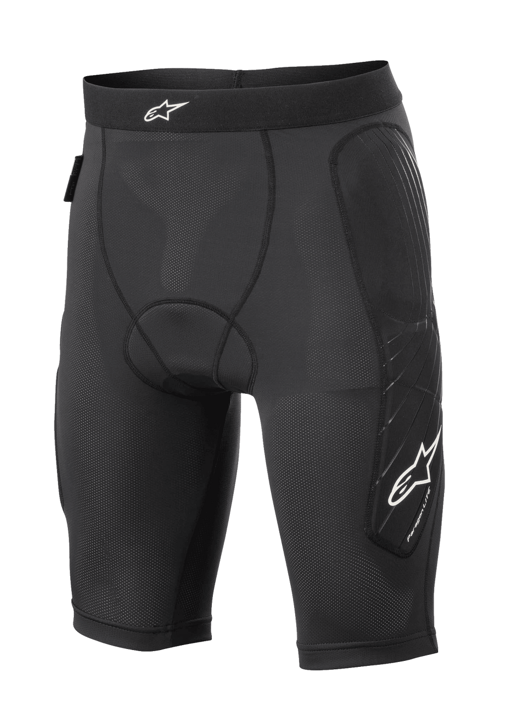 Alpinestars Paragon Lite Protection Shorts, calções de proteção para MTB, pretos, construção em malha leve e respirável com tecido perfurado, acolchoamento nas ancas e nas laterais das pernas, logótipo de estrela branco na cintura e na perna, ajuste tipo compressão para ciclismo todo-o-terreno