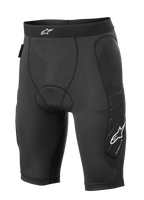 Alpinestars Paragon Lite Protection Shorts, calções de proteção para MTB, pretos, construção em malha leve e respirável com tecido perfurado, acolchoamento nas ancas e nas laterais das pernas, logótipo de estrela branco na cintura e na perna, ajuste tipo compressão para ciclismo todo-o-terreno