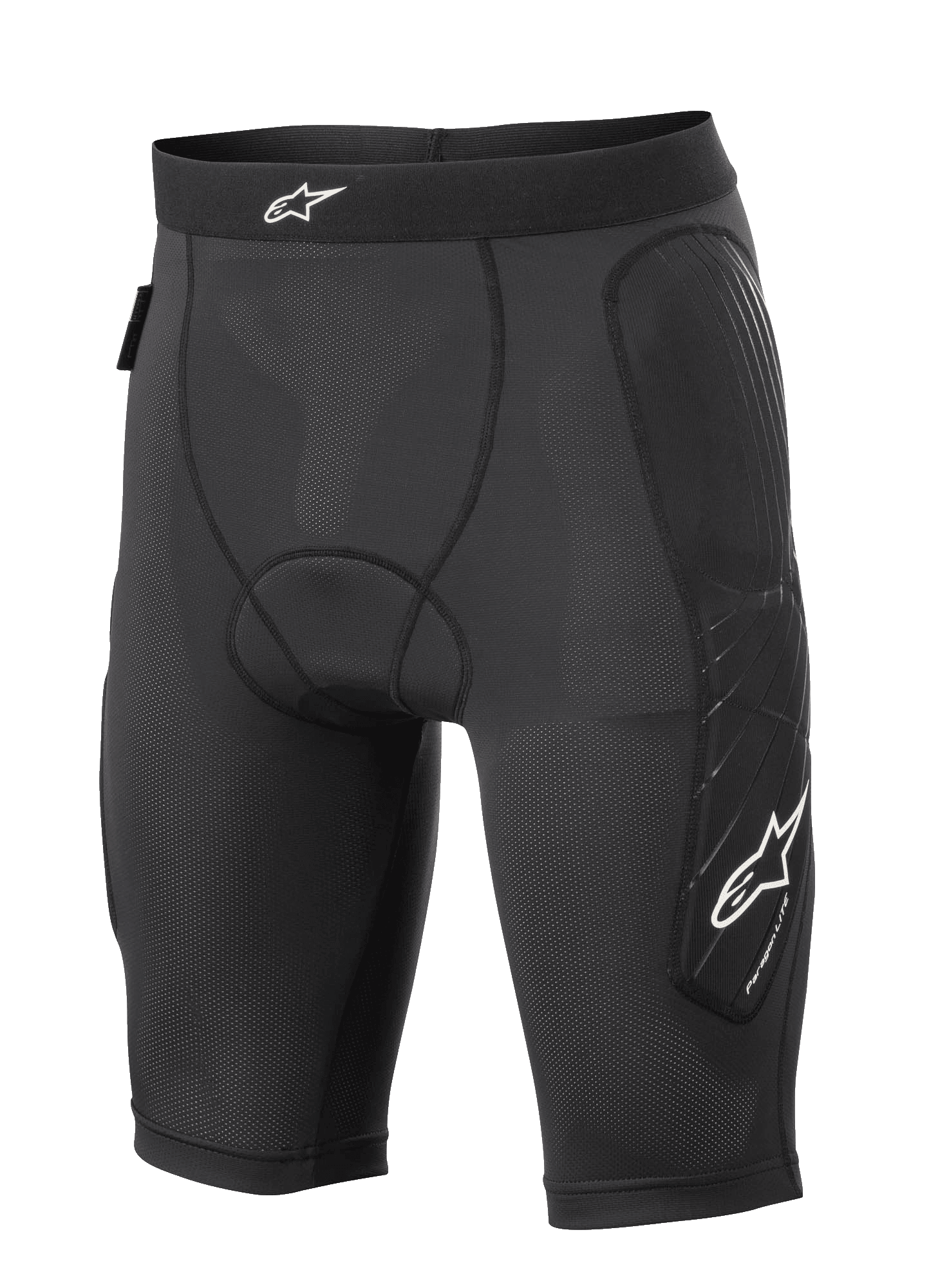Alpinestars Paragon Lite Protection Shorts, calções de proteção para MTB, pretos, construção em malha leve e respirável com tecido perfurado, acolchoamento nas ancas e nas laterais das pernas, logótipo de estrela branco na cintura e na perna, ajuste tipo compressão para ciclismo todo-o-terreno