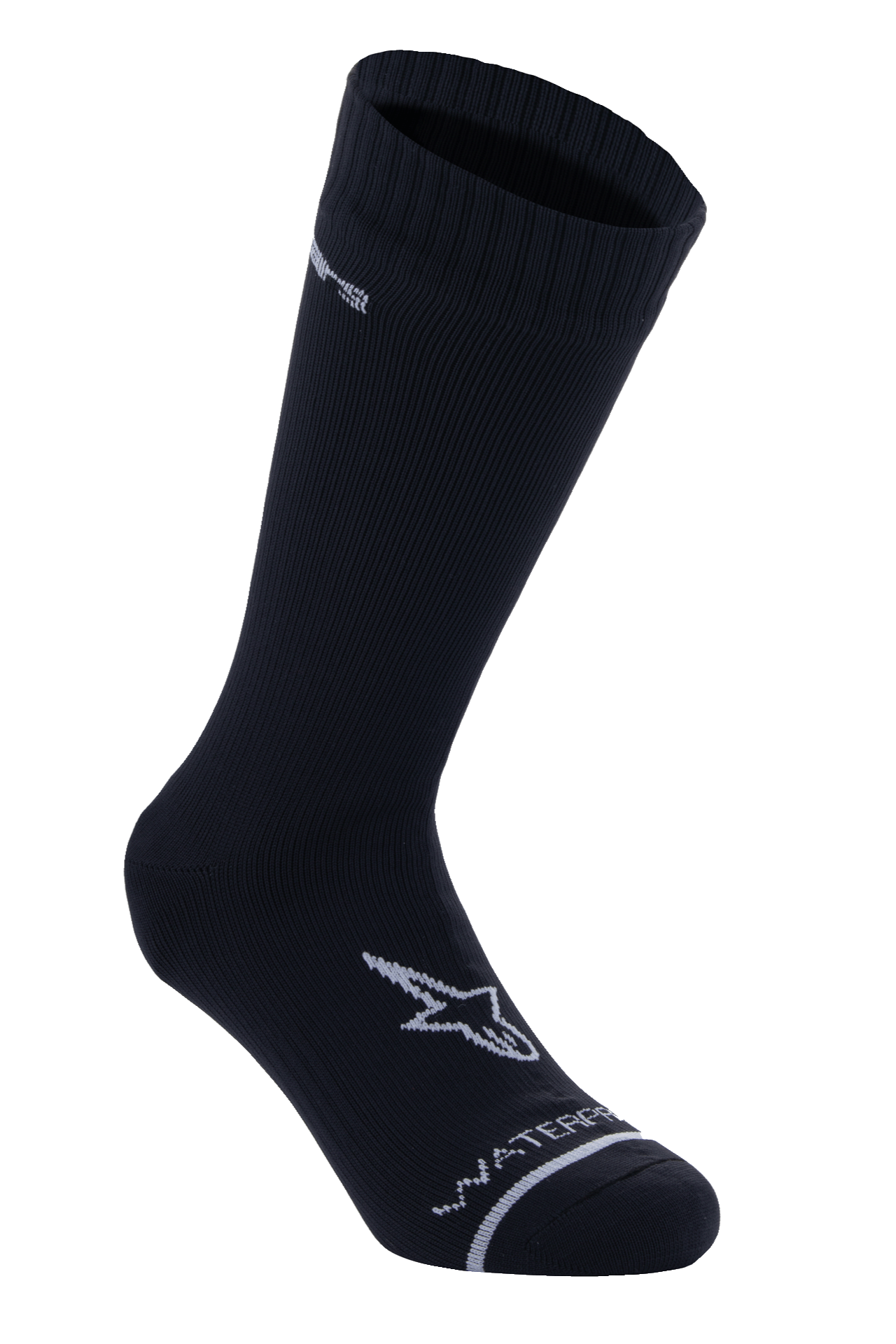 Alpinestars A-Dura Waterproof Socks, meias de ciclismo impermeáveis, pretas, de cano médio, textura canelada no punho, logótipo A-star branco no pé, inscrição 'Waterproof' na ponta do pé, camada de base técnica para MTB