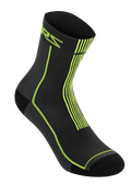 Alpinestars Summer Socks 15, meias de ciclismo leves e caneladas, pretas e amarelo ácido, com logótipo ASTARS em amarelo néon e riscas verticais no calcanhar, construção em malha respirável para a prática de MTB em climas quentes