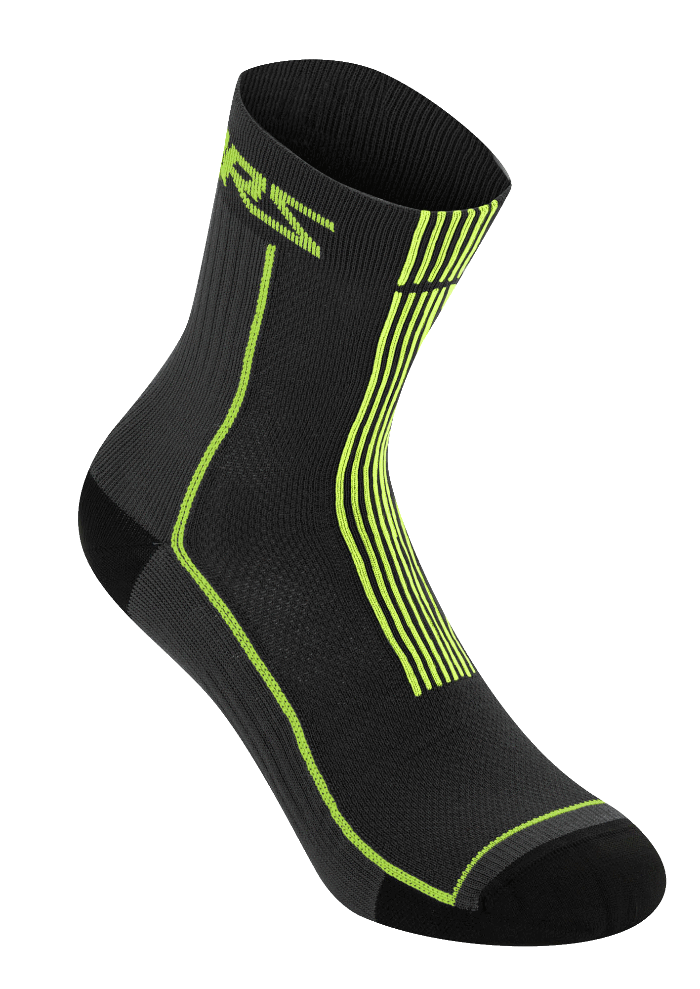 Alpinestars Summer Socks 15, meias de ciclismo leves e caneladas, pretas e amarelo ácido, com logótipo ASTARS em amarelo néon e riscas verticais no calcanhar, construção em malha respirável para a prática de MTB em climas quentes