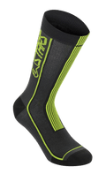 Alpinestars Summer Socks, meias de ciclismo, pretas e amarelo ácido, com riscas verticais amarelo néon e marca ASTARS, construção em malha respirável com punho superior canelado, biqueira e calcanhar reforçados, equipamento de performance leve para mountain bike.