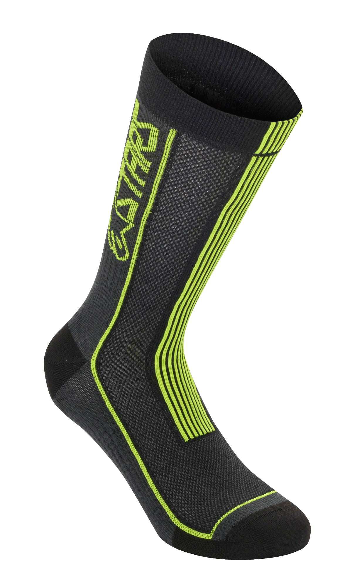 Alpinestars Summer Socks, meias de ciclismo, pretas e amarelo ácido, com riscas verticais amarelo néon e marca ASTARS, construção em malha respirável com punho superior canelado, biqueira e calcanhar reforçados, equipamento de performance leve para mountain bike.