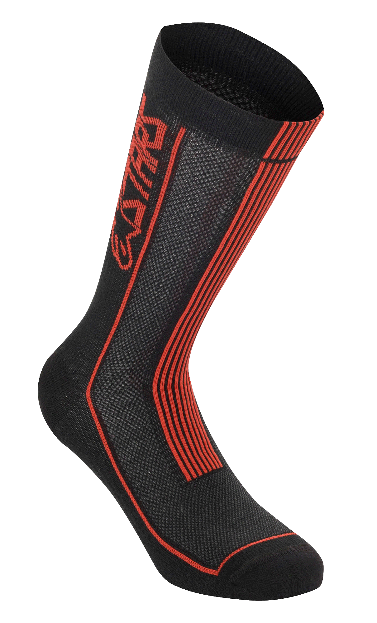Alpinestars Summer Socks, meias de ciclismo, pretas e vermelho brilhante, logótipo Astars vertical e riscas vermelhas, textura de malha para circulação de ar, construção em nervuras para elasticidade, calçado de alto desempenho para climas quentes
