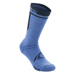 Alpinestars Merino Socks 24, Cycling Socks, Blue Black, technical merino wool construction with black Alpinestars logo on the instep, mid-calf length with dark-colored ribbed cuff and branding.