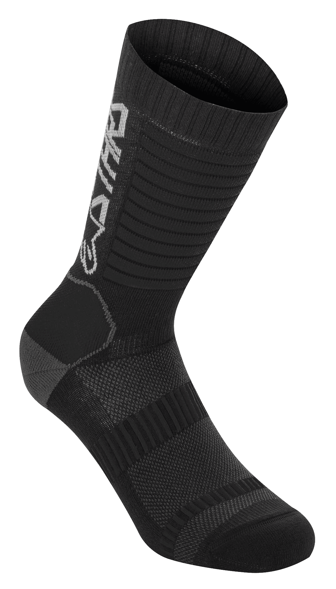 Alpinestars Paragon Lite Socks 19, meias de mountain bike, pretas, construção em malha técnica, logótipo Alpinestars vertical, textura canelada para elasticidade, calcanhar e biqueira reforçados, tecido leve e respirável para ciclismo todo-o-terreno