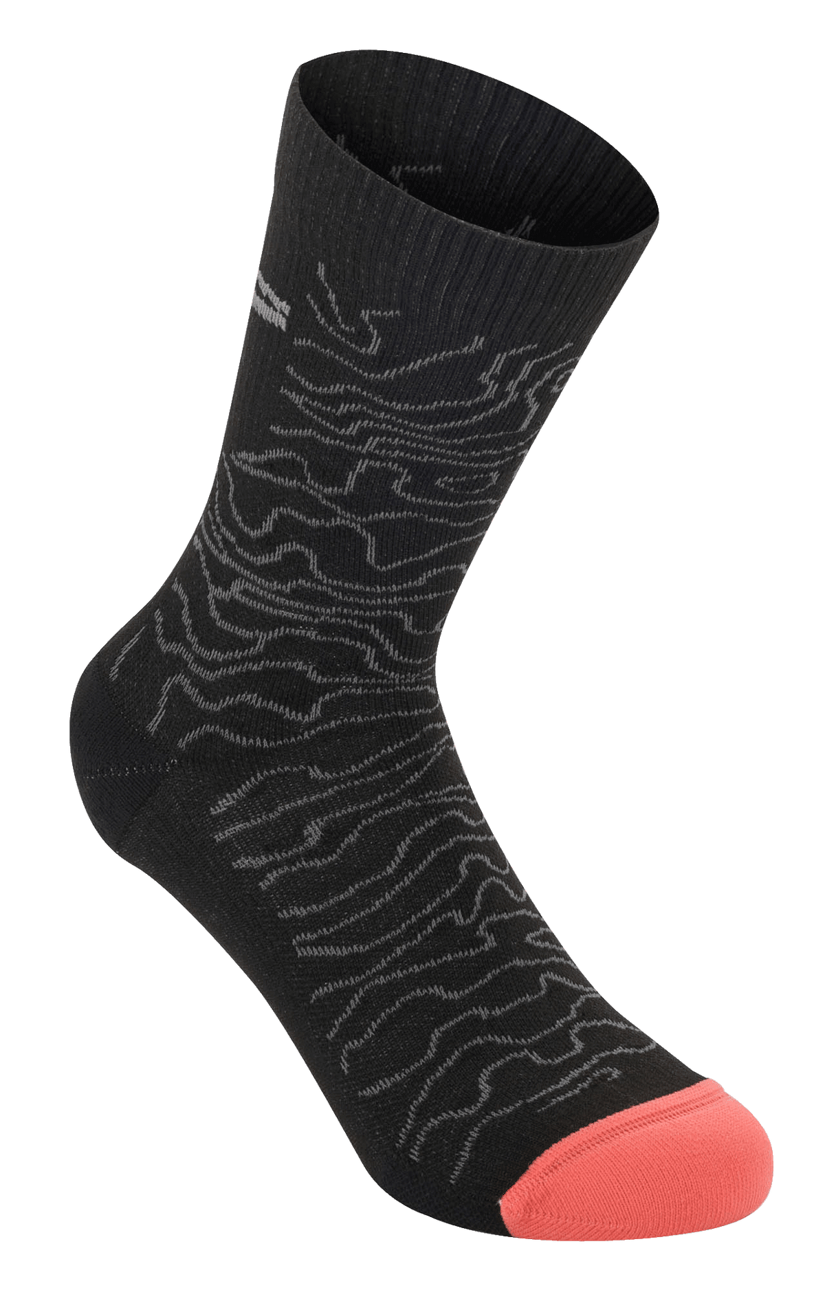 Alpinestars Drop Socks 15, meias de ciclismo de alta performance, pretas e cinza médio com ponta em laranja coral, com padrão ondulado topográfico e punho canelado, design de malha leve para MTB e condução fora de estrada