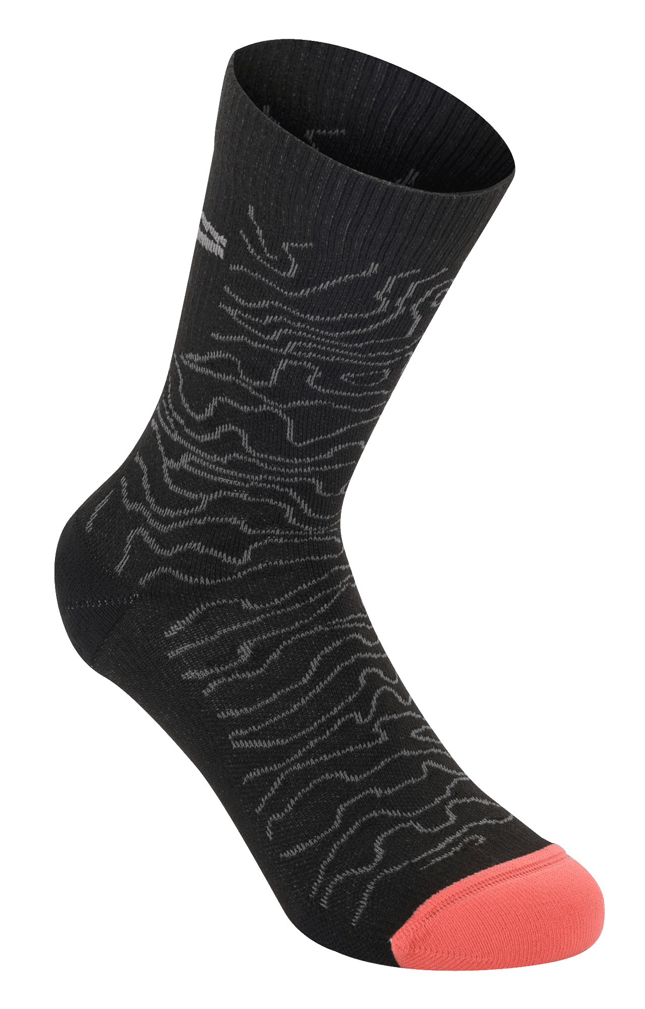 Alpinestars Drop Socks 15, meias de ciclismo de alta performance, pretas e cinza médio com ponta em laranja coral, com padrão ondulado topográfico e punho canelado, design de malha leve para MTB e condução fora de estrada