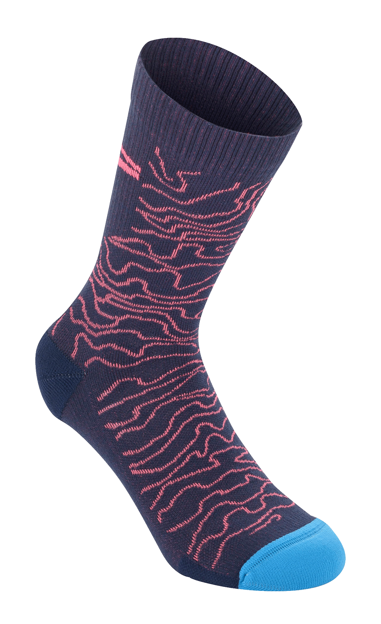 Alpinestars Drop Socks 15, azul-marinho com padrão ondulado coral e biqueira azul vivo, textura canelada na parte superior, meias de ciclismo de performance de cano médio
