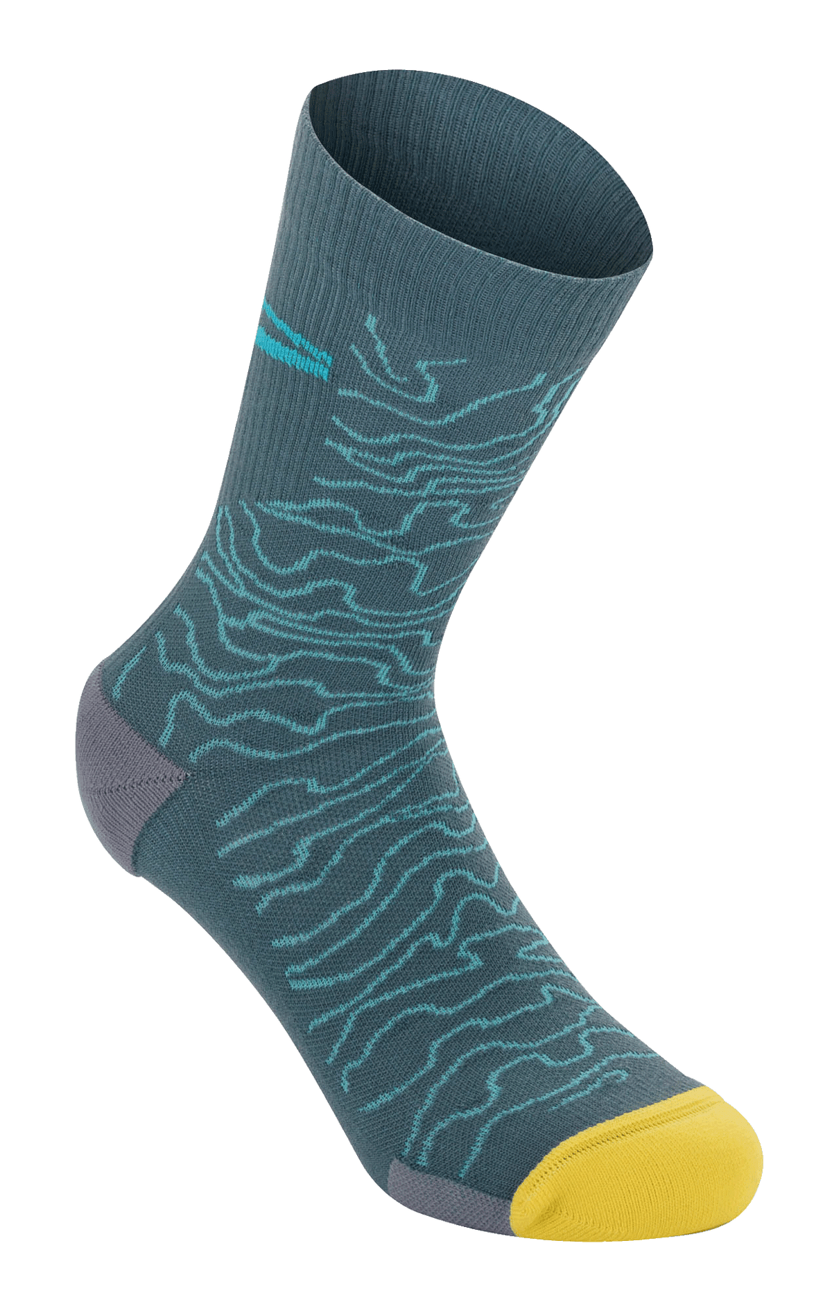 Alpinestars Drop Socks 15, Mountain Bike Socks, Atlantic Ceramic blue with light blue topographic pattern, bright yellow toe and gray heel, ribbed texture, lightweight performance MTB socks