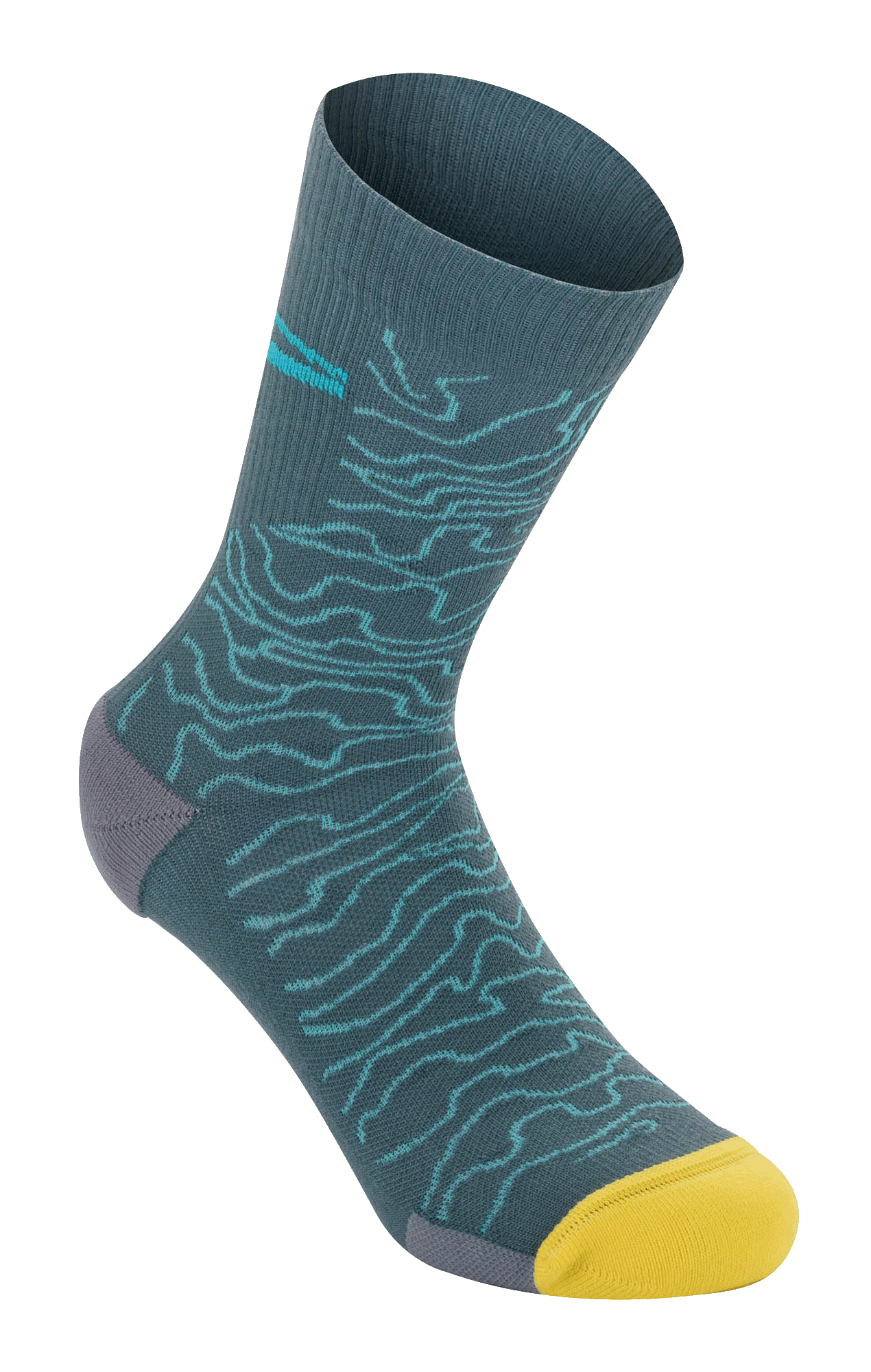 Alpinestars Drop Socks 15, meias de BTT, azul Atlantic Ceramic com padrão topográfico azul-claro, biqueira amarela brilhante e calcanhar cinzento, textura canelada, meias de BTT leves de alta performance