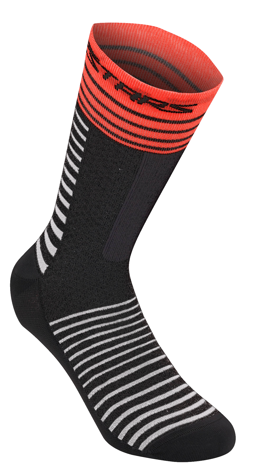 Alpinestars Drop Socks 19, meias de ciclismo MTB, pretas com riscas horizontais brancas, punho canelado em vermelho vivo com logótipo preto, construção em malha leve, 19 cm de comprimento