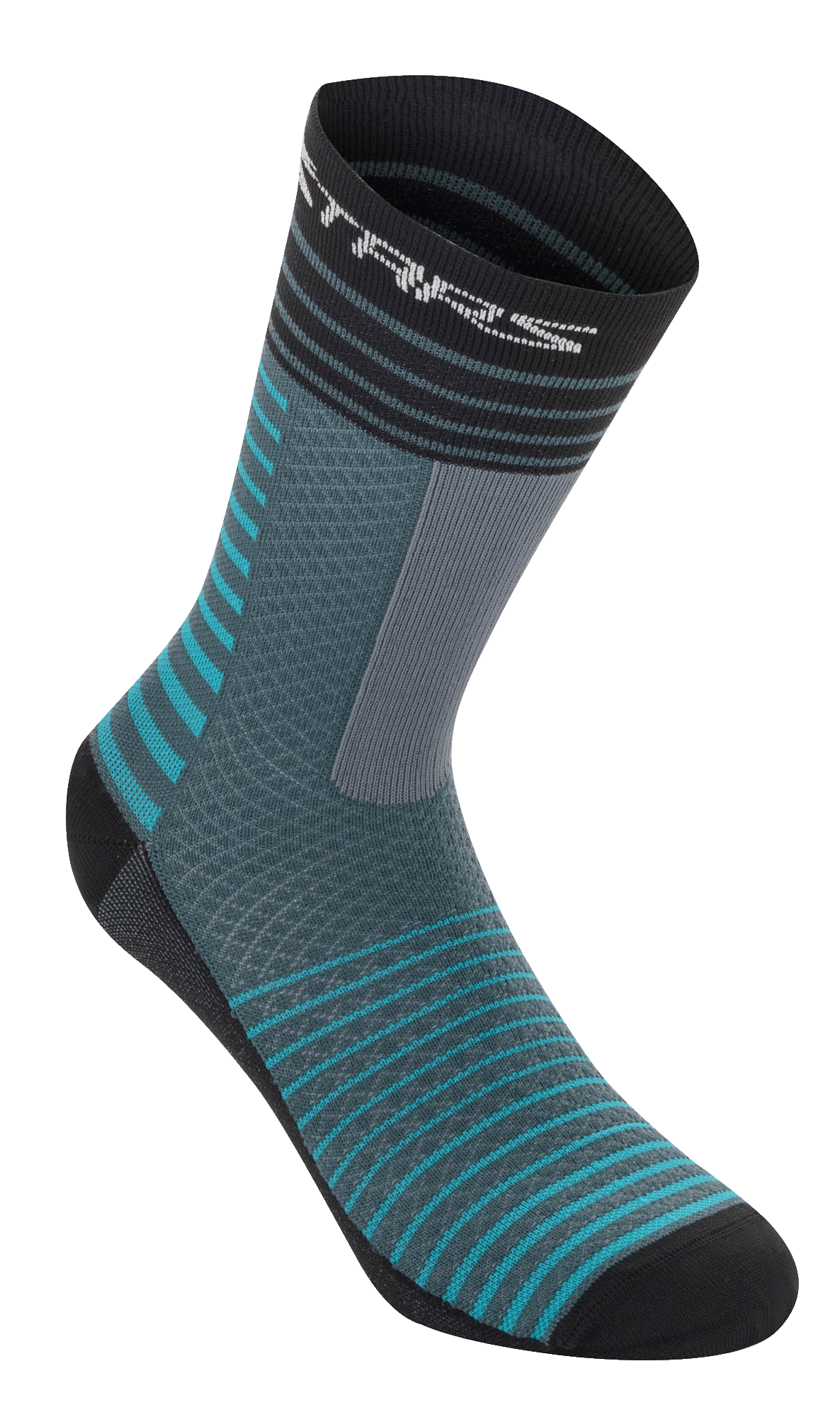 Alpinestars Drop Socks 19, meias de ciclismo, Atlantic Ceramic e cinzento, design com riscas horizontais verde-azulado e pretas, construção em malha respirável, comprimento médio, equipamento de performance para BTT