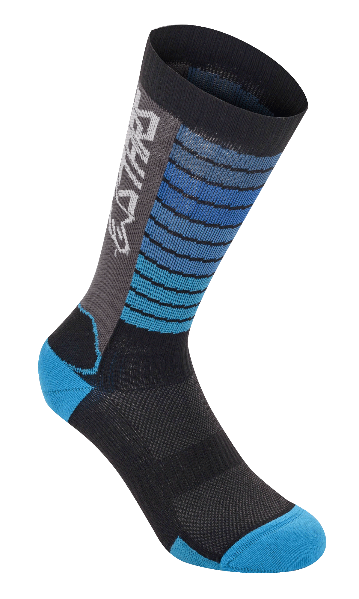 Alpinestars Drop Socks, meias de ciclismo MTB, pretas e azul aqua, padrão de riscas horizontais na parte superior, painel lateral cinzento com logótipo branco, calcanhar e biqueira reforçados a azul aqua, tecido de malha respirável