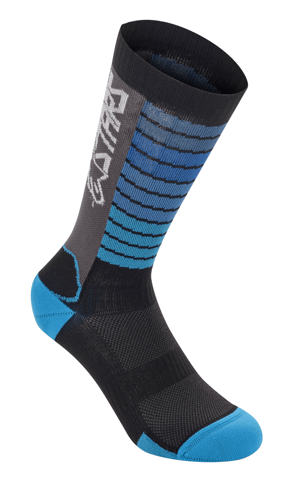 Alpinestars Drop Socks, MTB Cycling Socks, Black and Aqua Blue, horizontal stripe pattern on the upper leg, grey side panel with white logo, reinforced aqua heel and toe, breathable mesh fabric