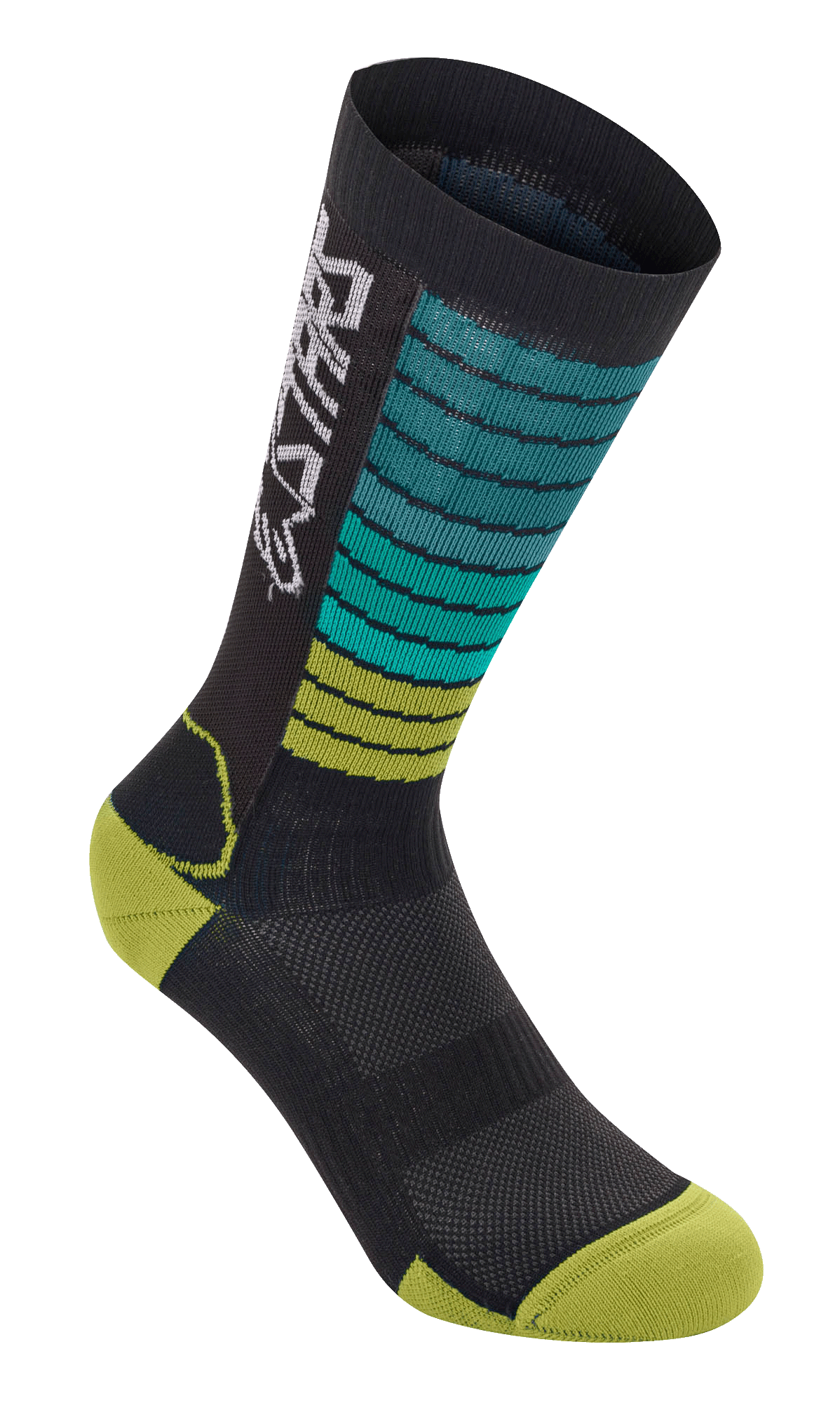 Alpinestars Drop Socks, meias de ciclismo de BTT, pretas com riscas em degradê azul-turquesa e verde-lima, biqueira e calcanhar verde-amarelado, logótipo Astars branco e textura de malha respirável