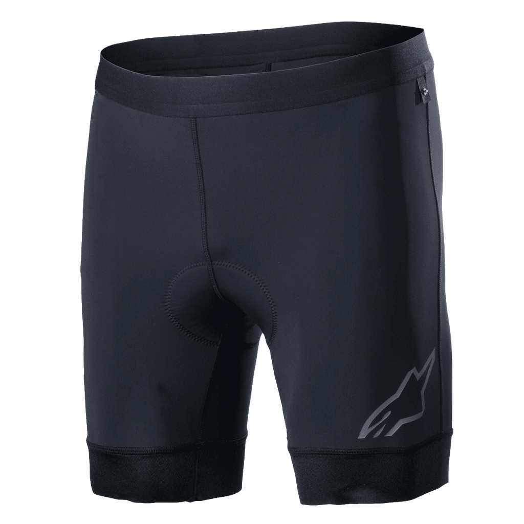 Alpinestars Alps Inner Shorts, calções interiores de ciclismo pretos com zona do assento acolchoada integrada, cintura elástica, logótipo Astars refletor na parte inferior da perna esquerda, tecido sintético elástico para desempenho e conforto com absorção de humidade
