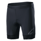 Alpinestars Alps Inner Shorts, calções interiores de ciclismo pretos com zona do assento acolchoada integrada, cintura elástica, logótipo Astars refletor na parte inferior da perna esquerda, tecido sintético elástico para desempenho e conforto com absorção de humidade