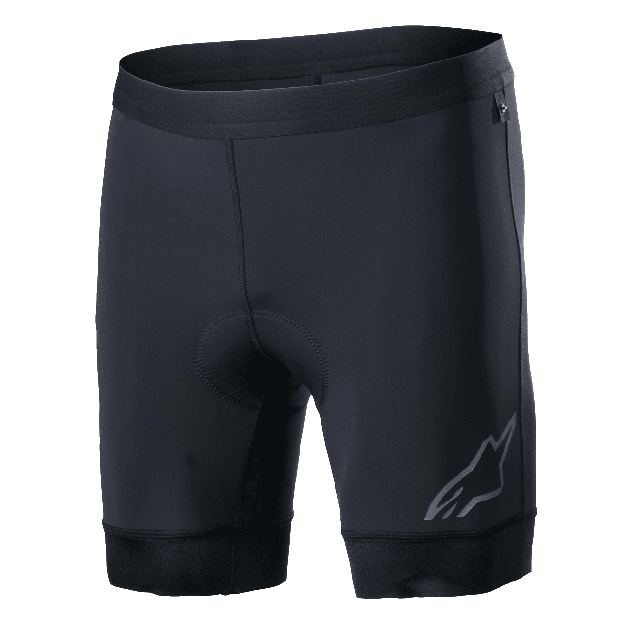 Alpinestars Alps Inner Shorts, calções interiores de ciclismo pretos com zona do assento acolchoada integrada, cintura elástica, logótipo Astars refletor na parte inferior da perna esquerda, tecido sintético elástico para desempenho e conforto com absorção de humidade