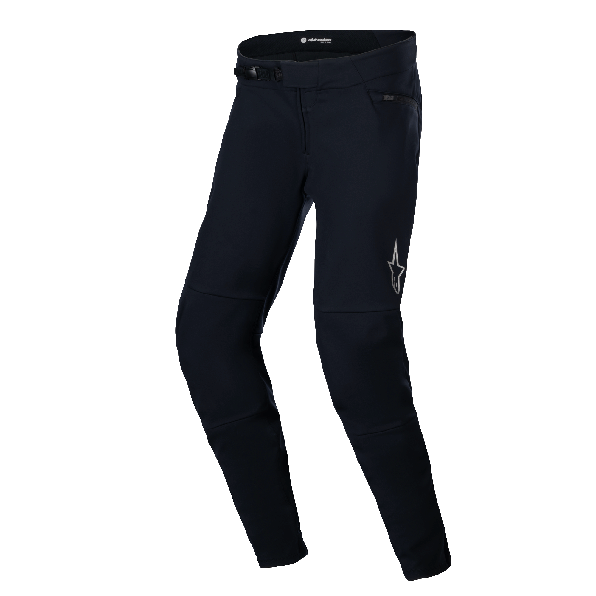 Alpinestars A-Dura Thermal Pant, Mountain Bike Pants, Black, featuring a rugged nylon shell with a ratchet closure system, reflective star logo on the left thigh, and an anatomically pre-curved shape for off-road riding comfort.